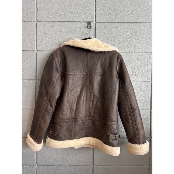 Vintage 100% Brown Leather Shearling Bomber Jacket - Picture 3 of 3